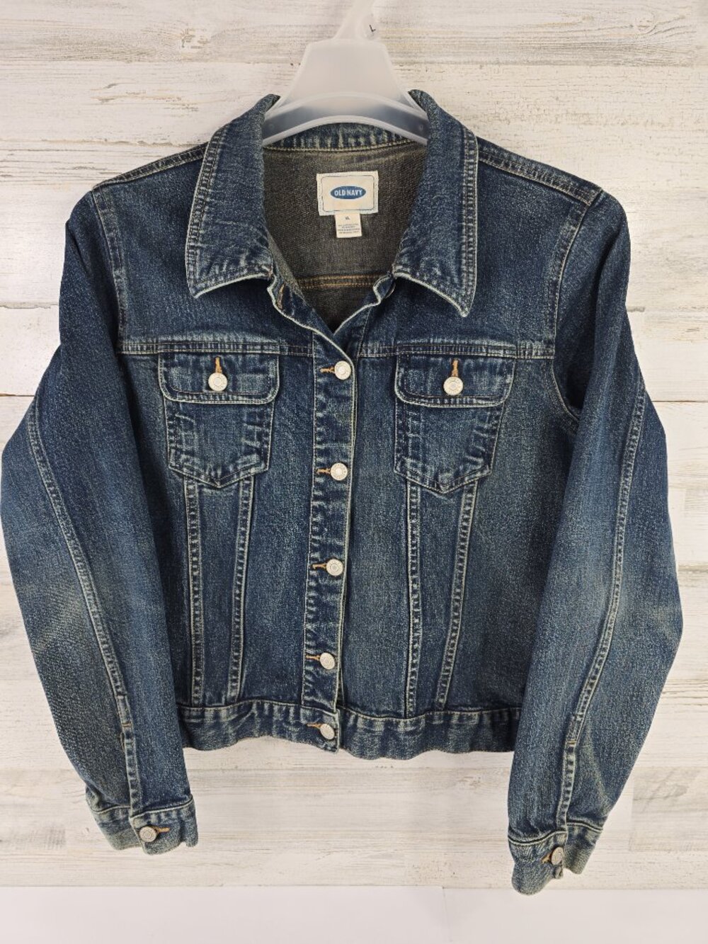 VINTAGE Y2K OLD NAVY WOMEN'S SIZE XL DENIM JACKET STRETCH DARK WASH DISTRESSED..